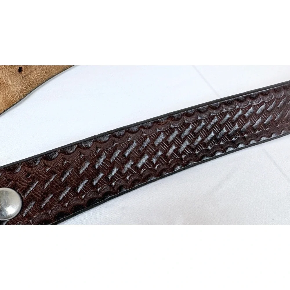 Vtg 1993 Siskiyou Pewter Black Bear Buckle Basketweave Brown Leather Belt 38
